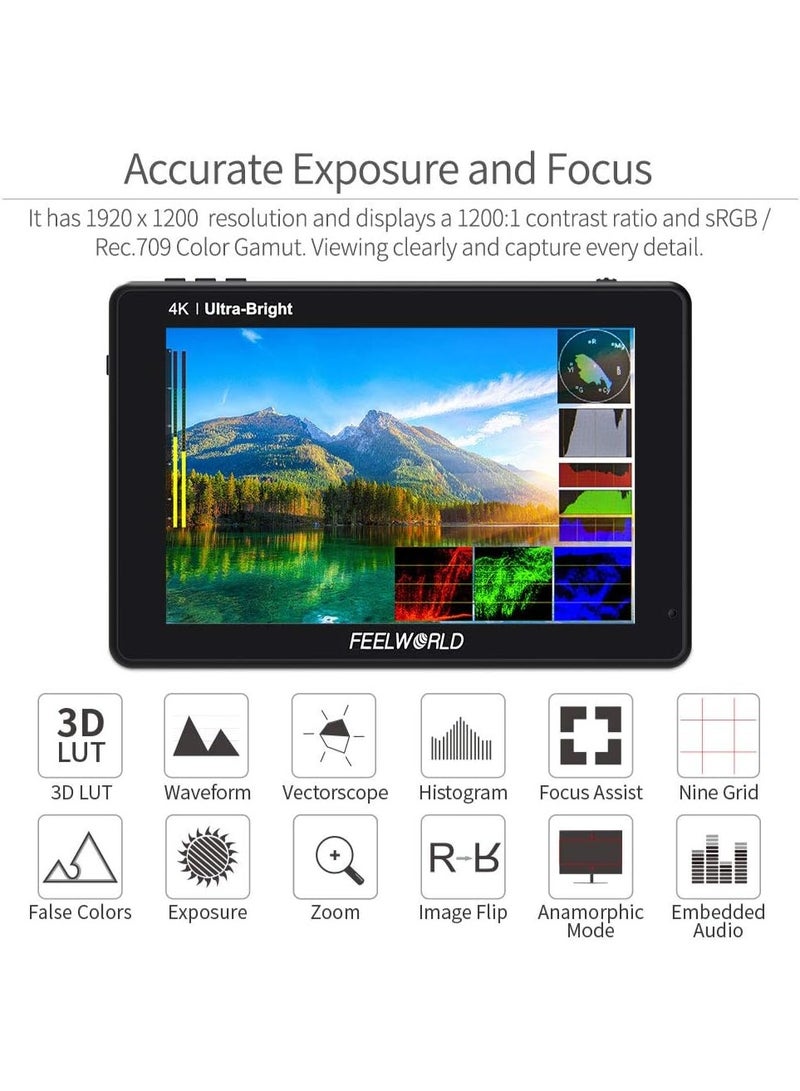 فيل وورلد شاشة مراقبة ميدانية لكاميرات DSLR FEELWORLD LUT7S PRO مقاس 7 بوصات بسطوع فائق 2200 شمعة، مزودة بشاشة لمس ودعم 3D LUT وHDR مع خاصية شكل الموجة (Waveform)، تدعم إدخال وإخراج 4K عبر HDMI و3G-SDI، بدقة ‎1920×1200‎ ولوحة IPS، مع دعم طاقة خارجية F970 وحزمة تركيب. - Image 4